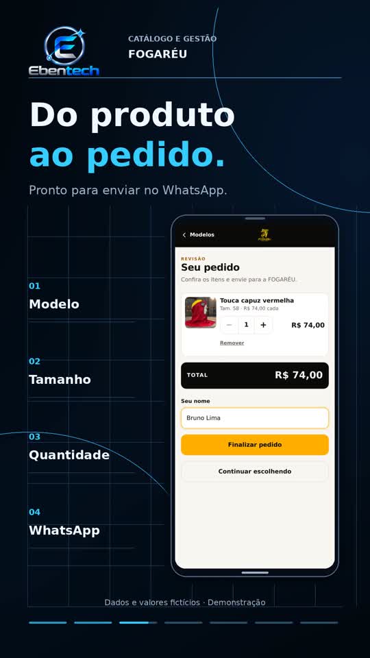 Catálogo da Fogaréu com escolha de modelo, tamanho e quantidade para pedido pelo WhatsApp