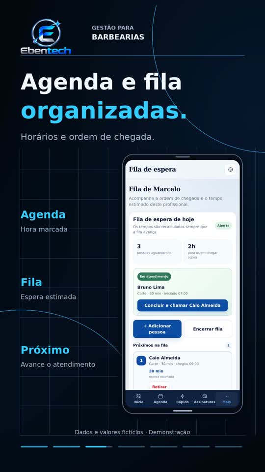 Apresentação da agenda e da fila do Marcelo Barbershop com clientes fictícios